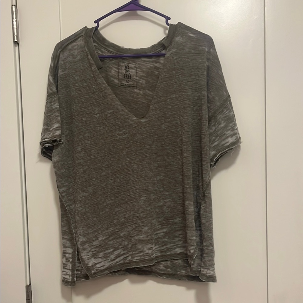 We the Free Gray/Olive Green V-Neck Top